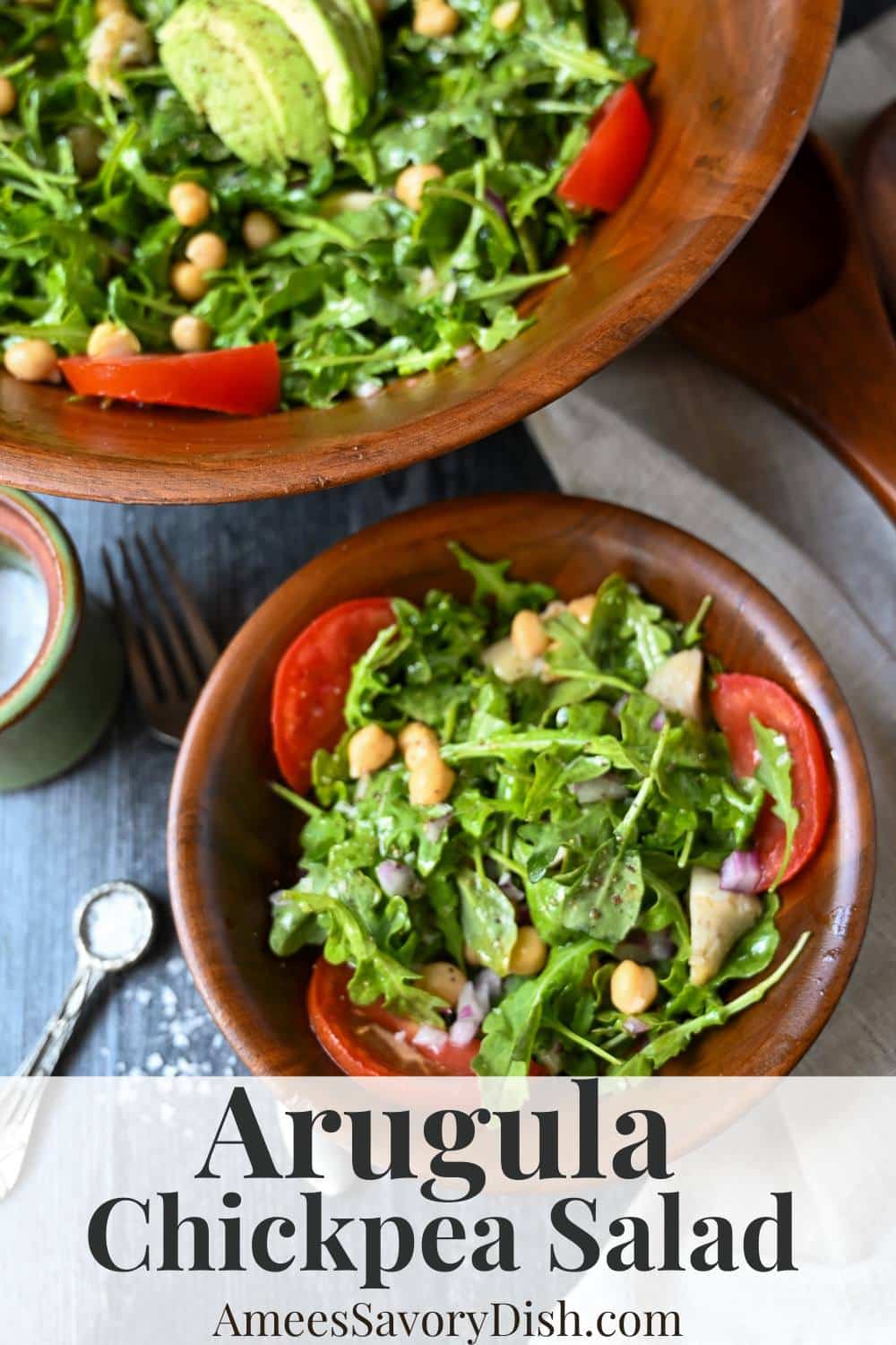 A simple and delicious summer chickpea artichoke salad recipe made with spicy arugula, tomatoes, and onion with an easy vinaigrette dressing. via @Ameessavorydish