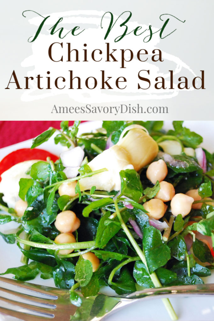A simple and delicious summer chickpea artichoke salad recipe made with spicy arugula, tomatoes, and onion with an easy vinaigrette dressing.