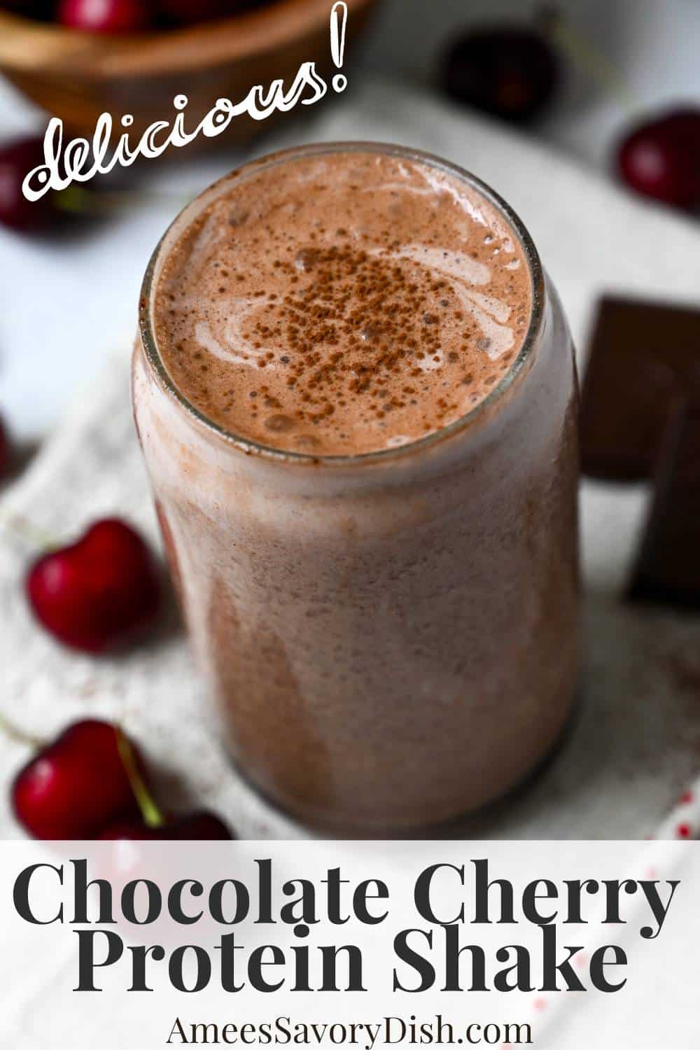 This Chocolate Cherry Protein Shake is a delicious whey protein shake recipe made with frozen cherries packed with 30 grams of protein.   via @Ameessavorydish