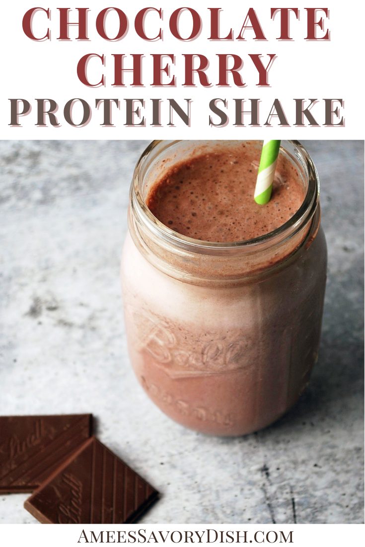 This Chocolate Cherry Protein Shake is an easy and delicious whey protein shake recipe made with frozen organic cherries, chocolate almond milk, chocolate whey protein, and stevia.  #chocolatecherry #proteinshake #proteinshakerecipe via @Ameessavorydish