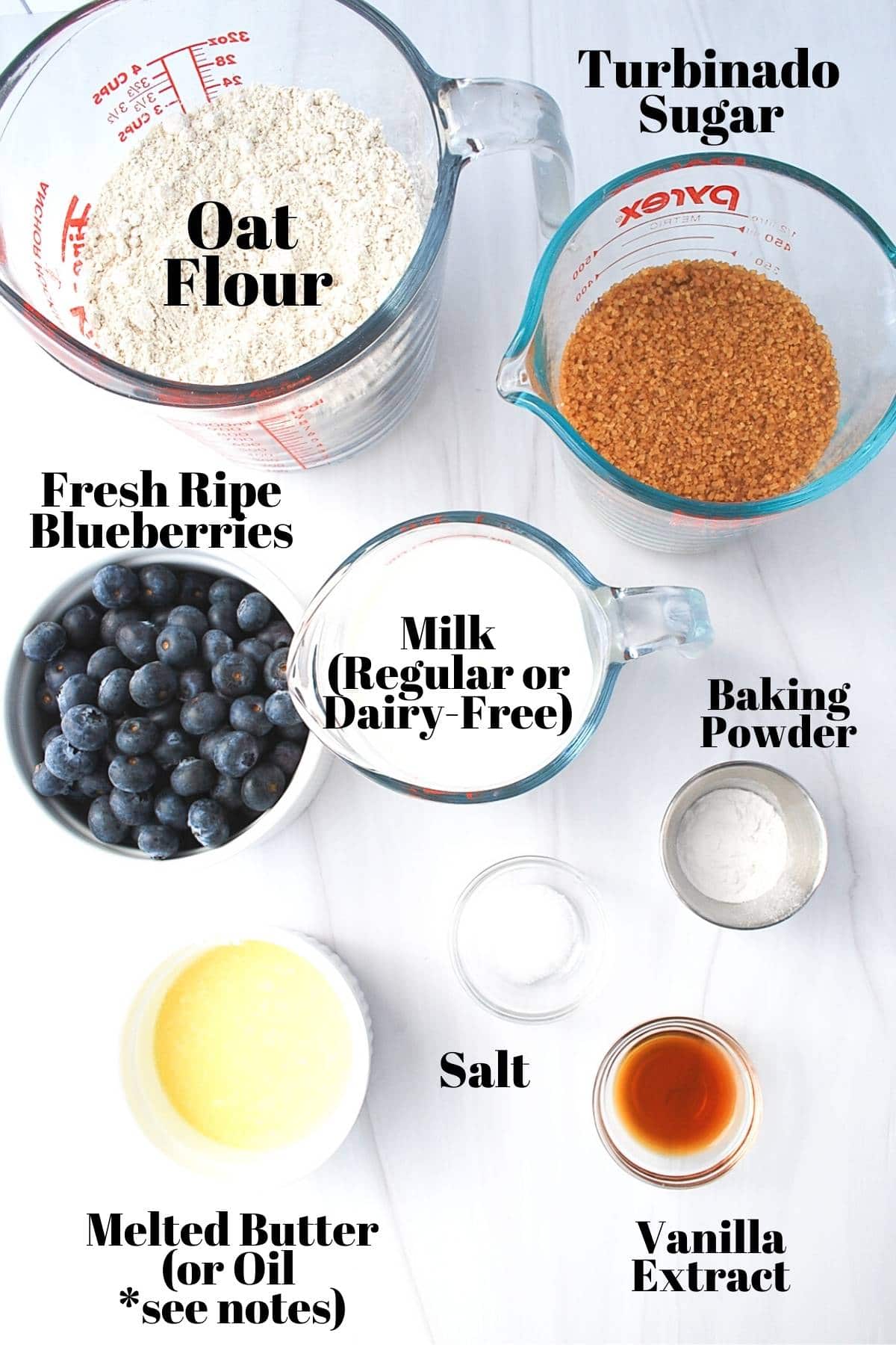 ingredients in measured-out containers for eggless blueberry muffins