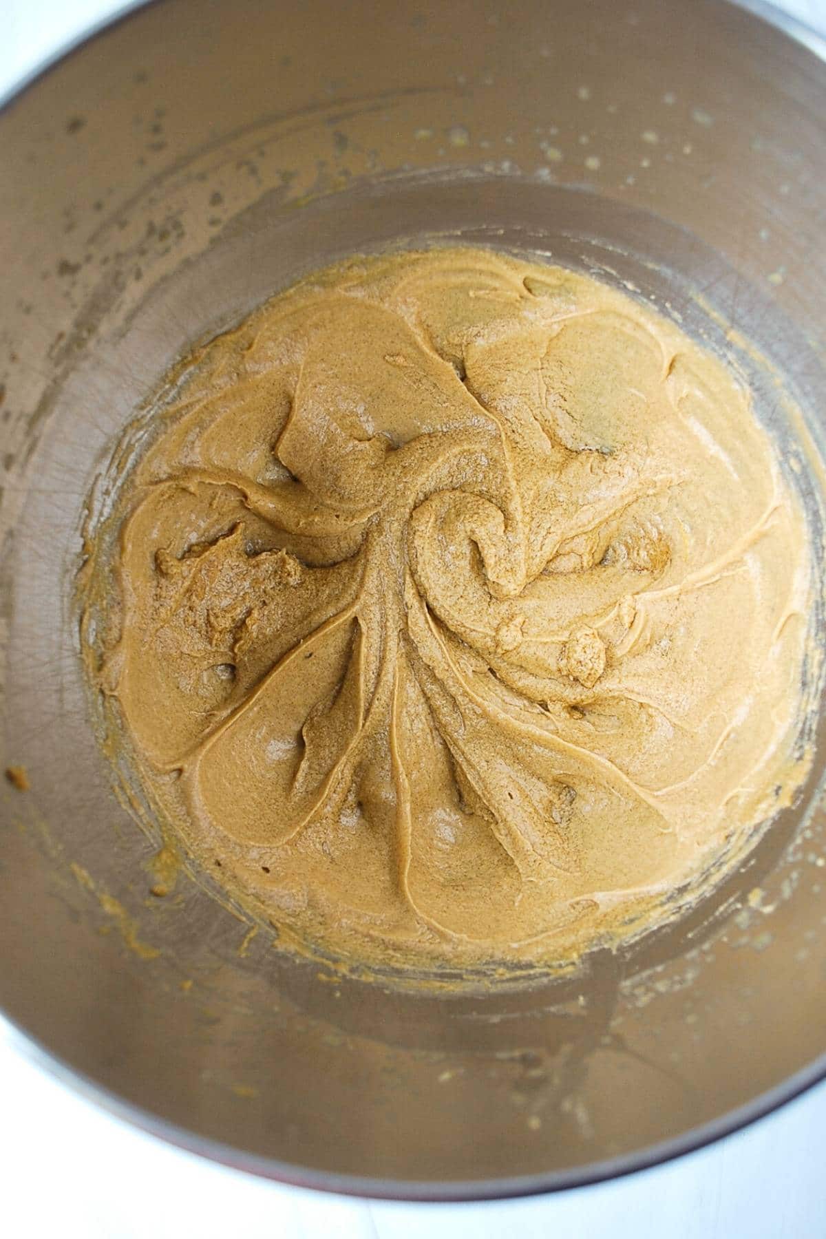 wet ingredients blended in a mixing bowl