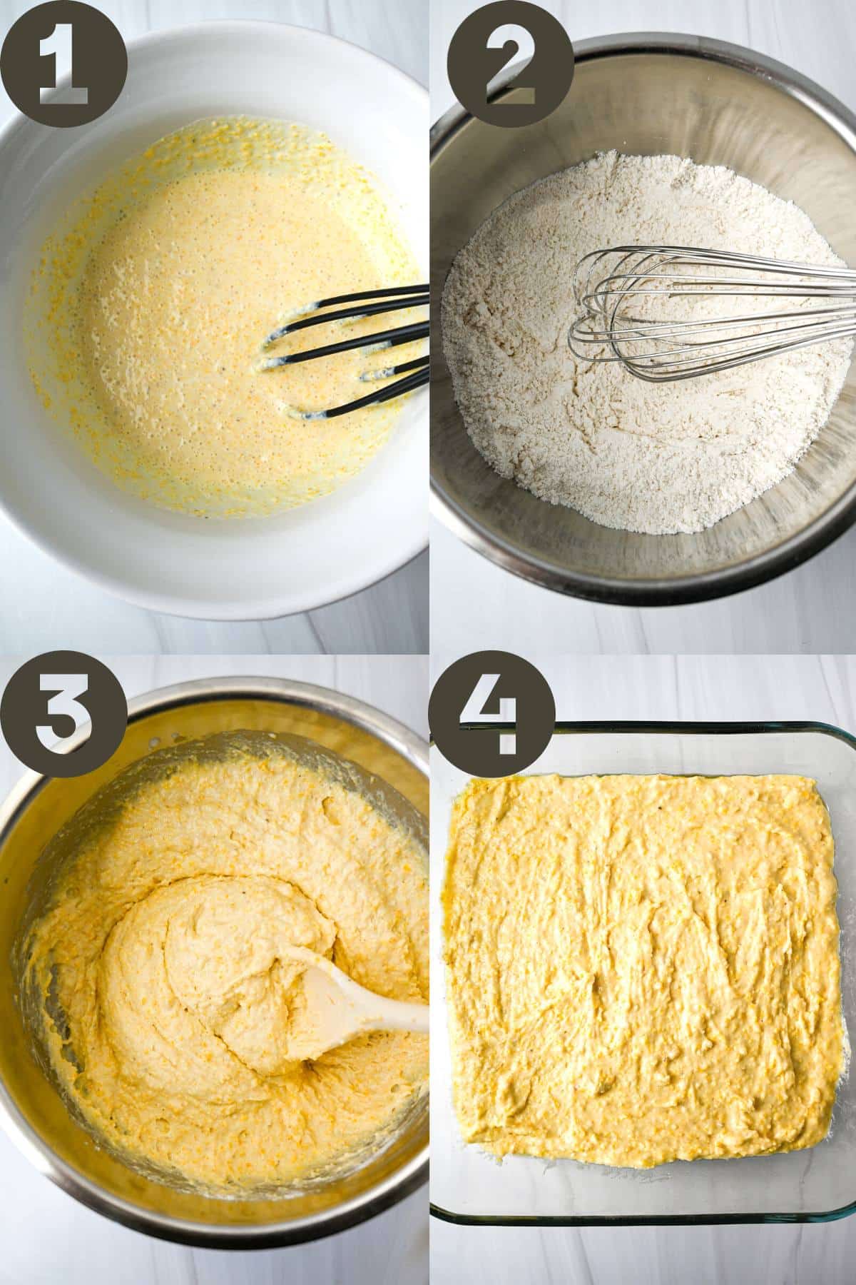four steps of mixing gluten free cornbread and baking it in a glass pan