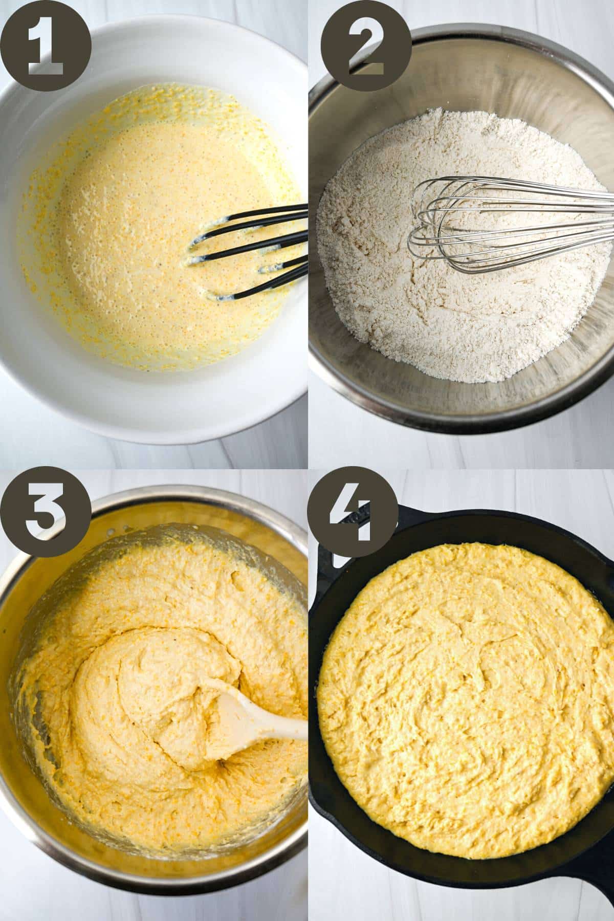 four steps of mixing batter and gluten free cornbread in a cast iron skillet ready to bake