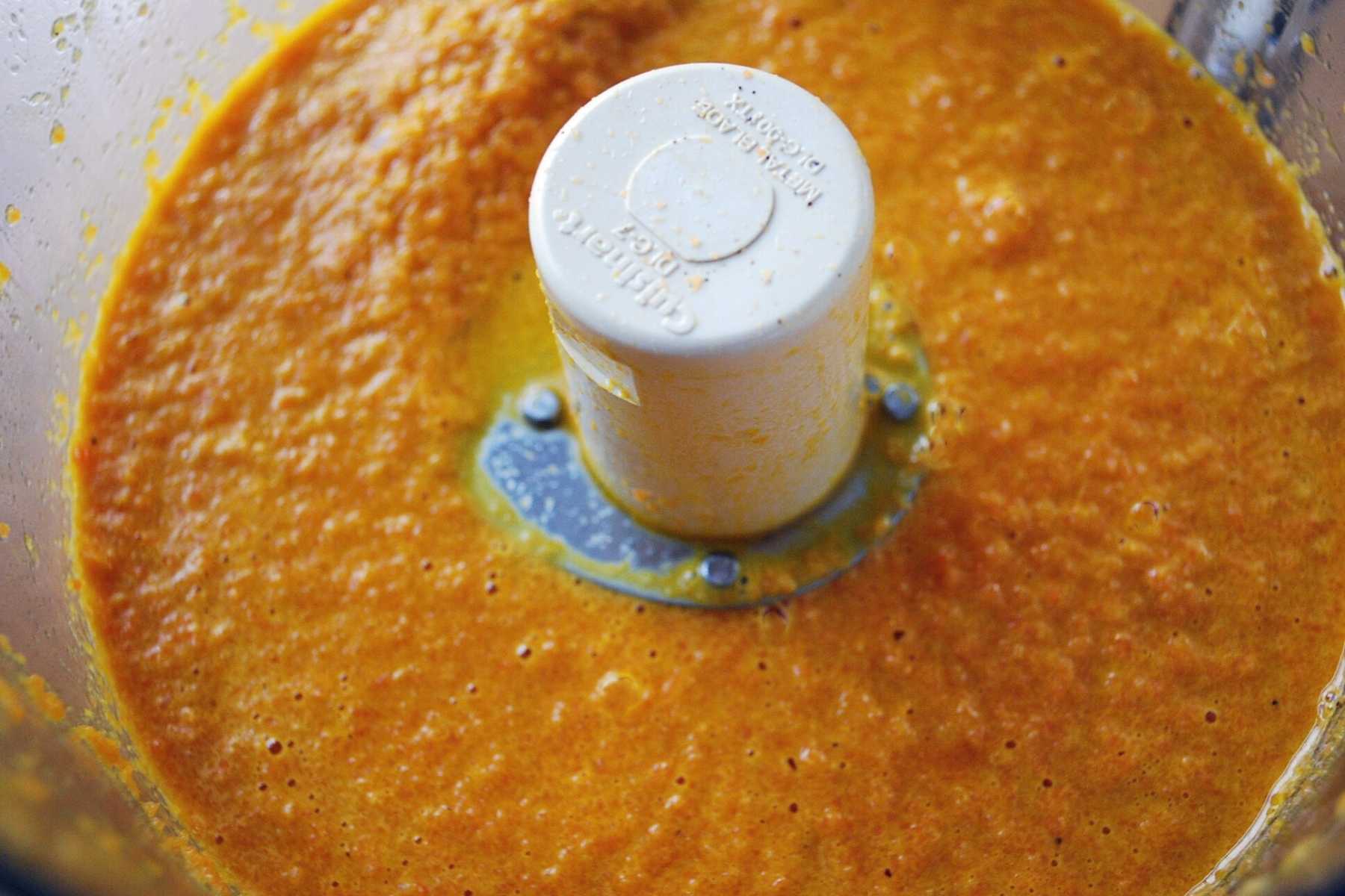 Carrot ginger sauce blended in a food processor