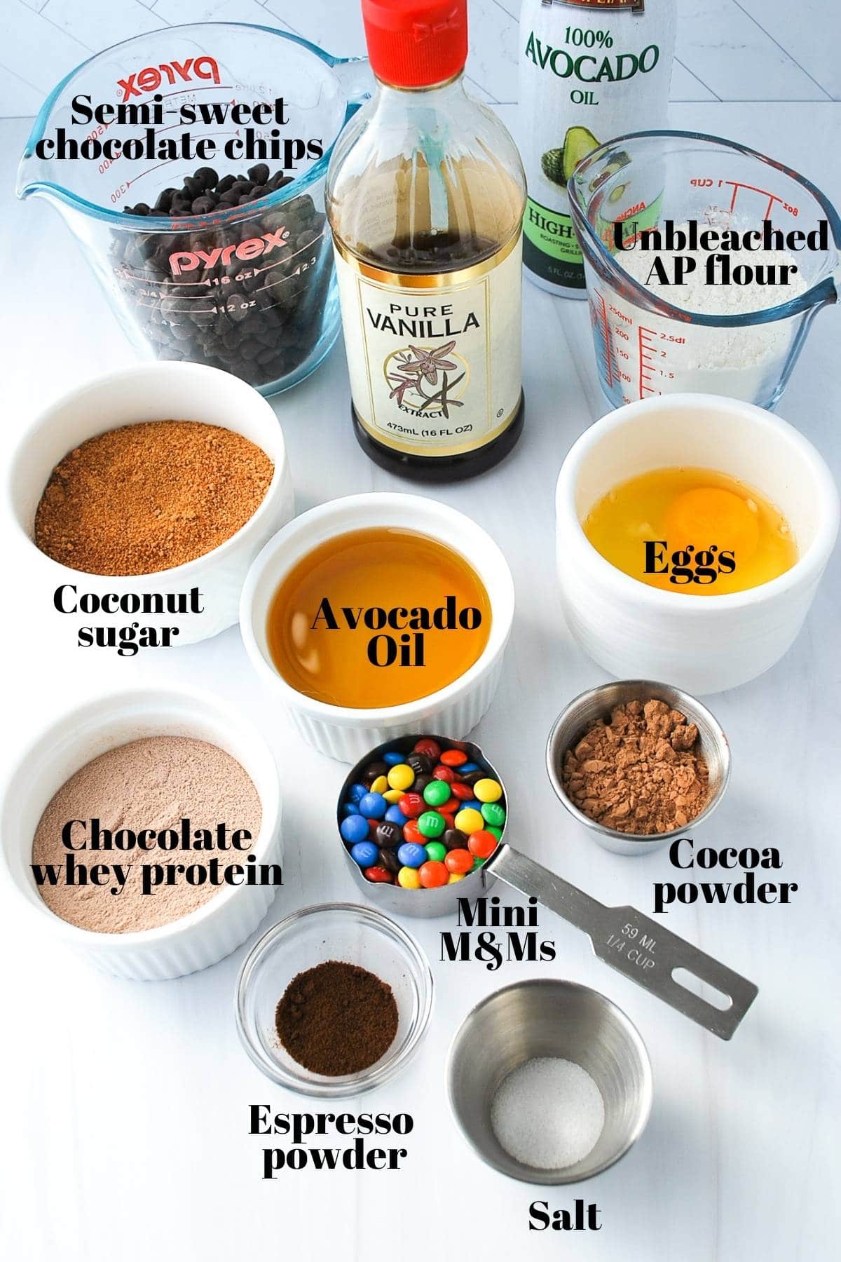 All of the ingredients for fudgy protein brownies on a counter