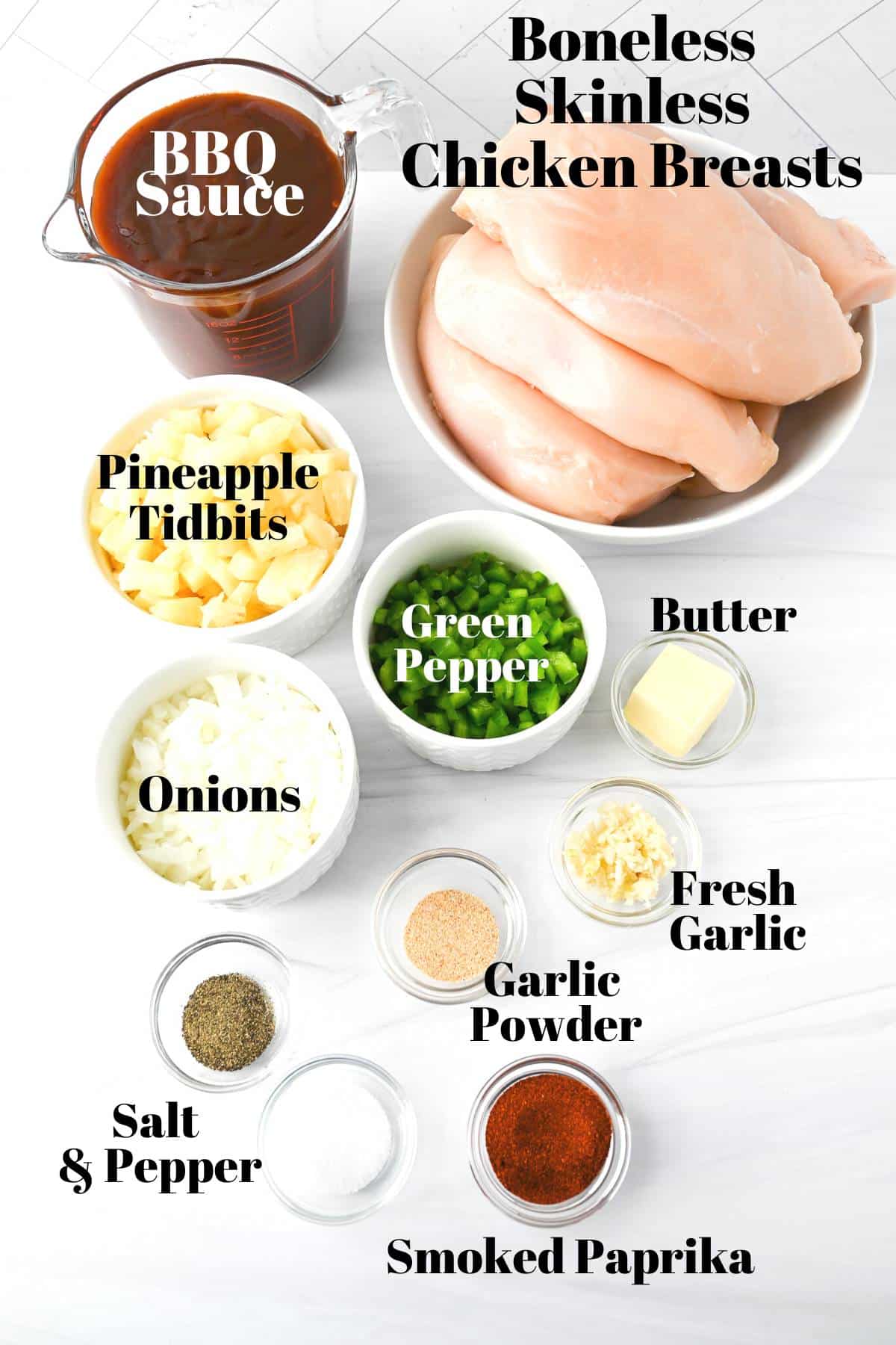 ingredients for making BBQ pineapple chicken measured out on a counter