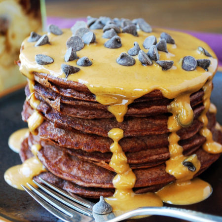 The best chocolate protein pancakes with peanut butter drizzle