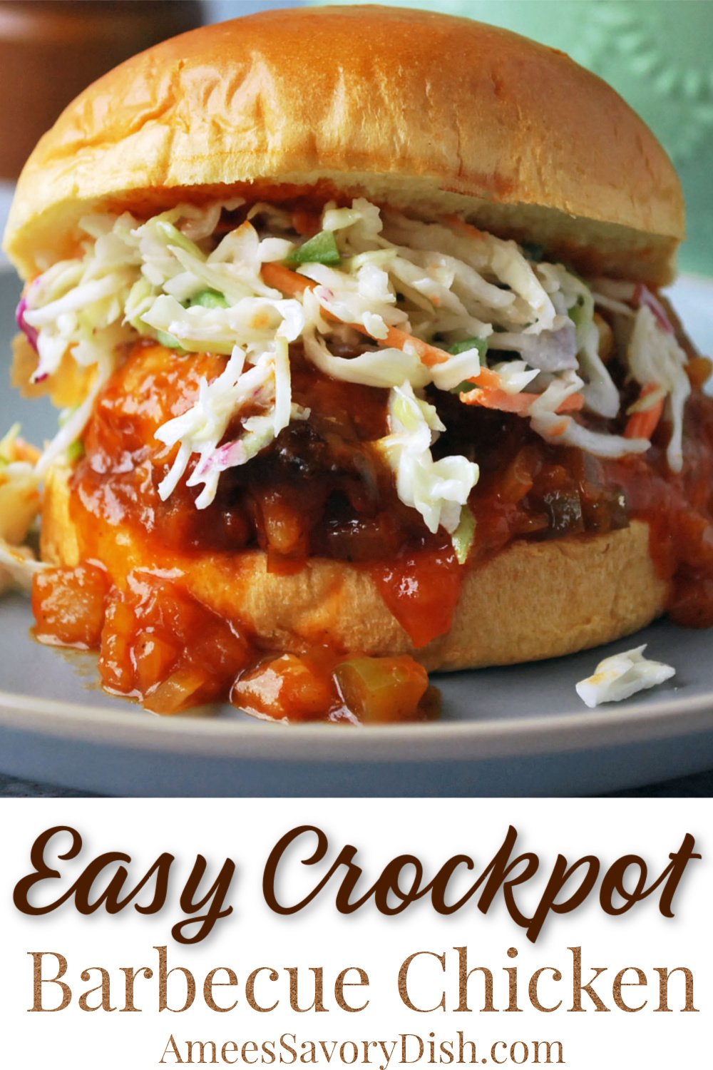 A flavorful recipe for Crockpot BBQ chicken that cooks while you go about your day!  Serve as pulled BBQ chicken or whole with your favorite sides. #crockpotBBQchicken #bbqchicken #crockpotchicken #barbecuechicken #easyhealthymeals #chickenrecipe #slowcookerbbq via @Ameessavorydish