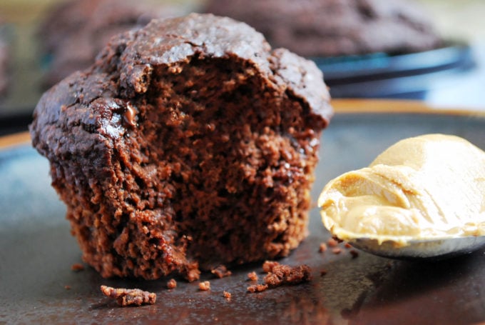 double chocolate gluten-free bran muffin on a plate
