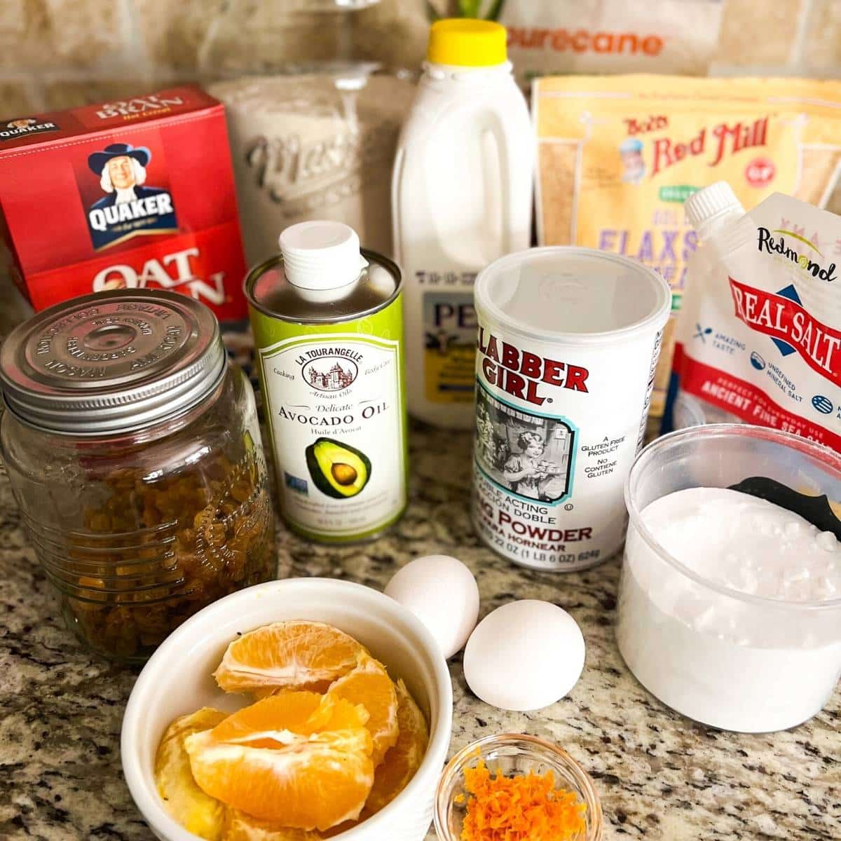 ingredients for flaxseed muffins on a countertop