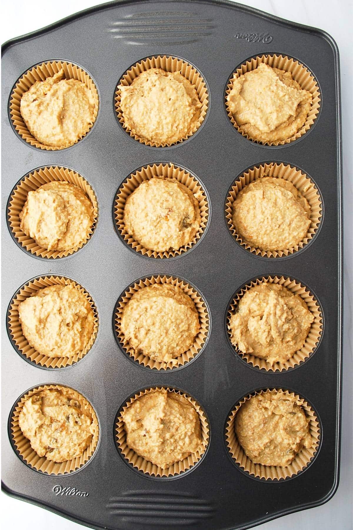 flaxseed muffin batter in cupcake lined tins 