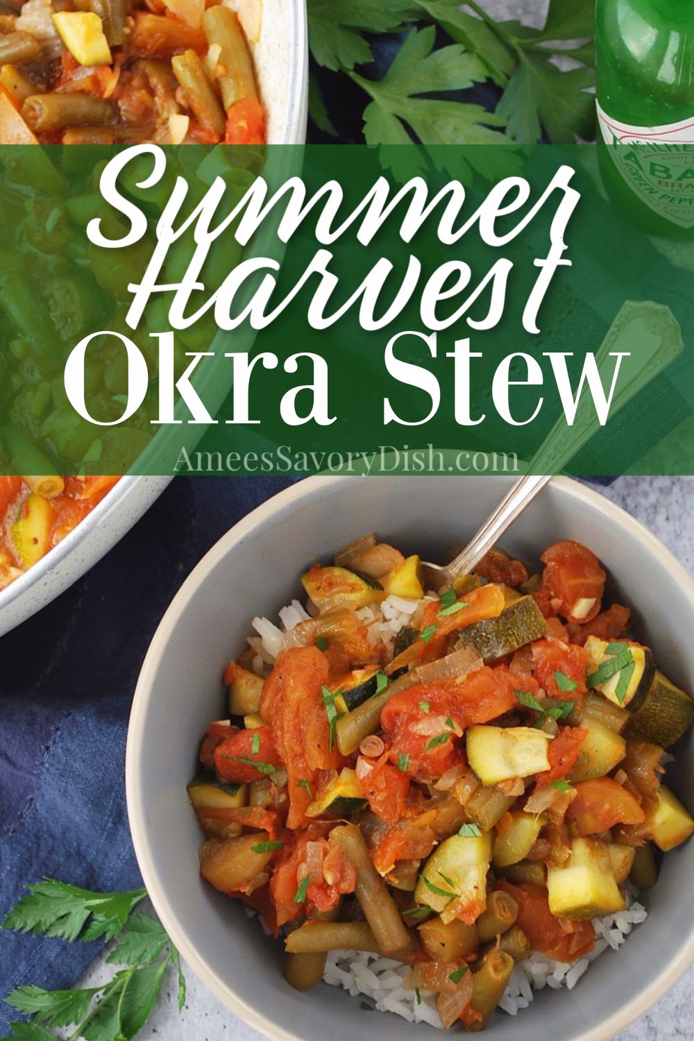 An easy summer okra stew recipe made with fresh okra, tomatoes, green beans, zucchini, olive oil, garlic, and onions.  It's the best of summer's harvest in a bowl! #okra #okrastew #okrarecipe #summerstew #vegetablestew via @Ameessavorydish