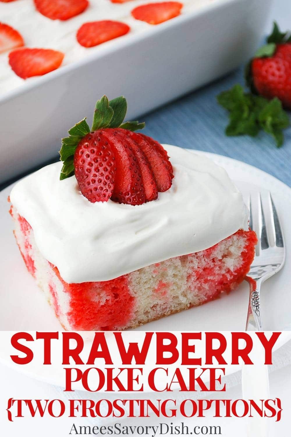 Revamp a boring box of white cake mix into something truly special -an Old-Fashioned Jello Cake! Learn how to make a strawberry jello-filled poke cake with whipped pudding frosting and fresh strawberries. via @Ameessavorydish