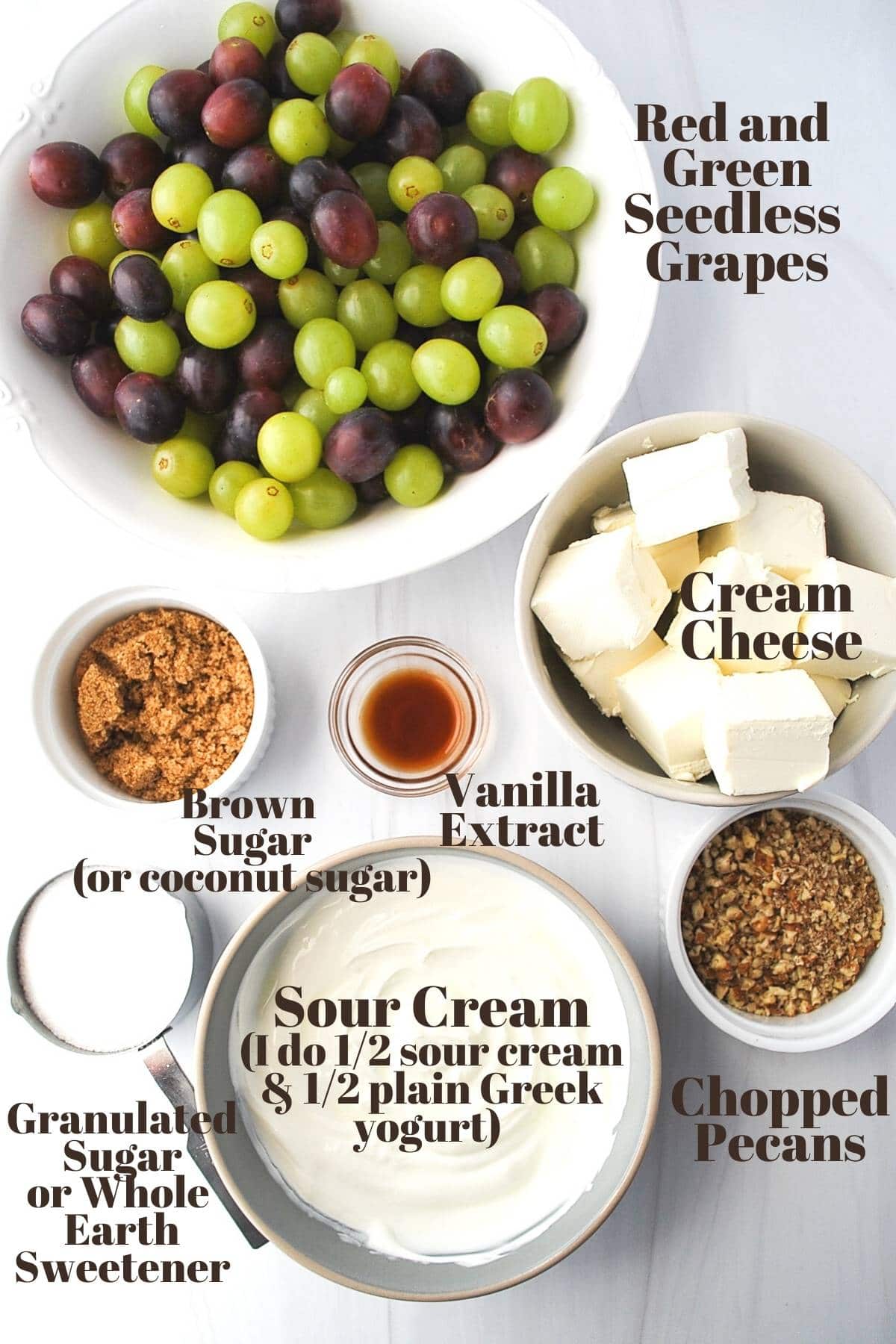 ingredients for grape salad in measuring bowls ready to assemble