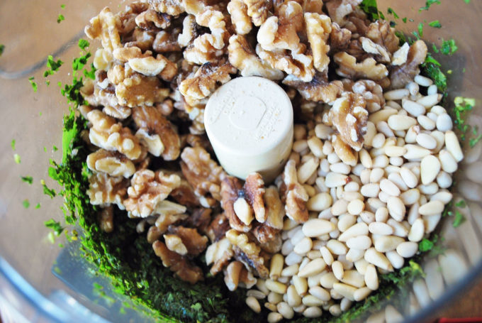 walnuts, pine nuts, and pureed basil in a food processor bowl
