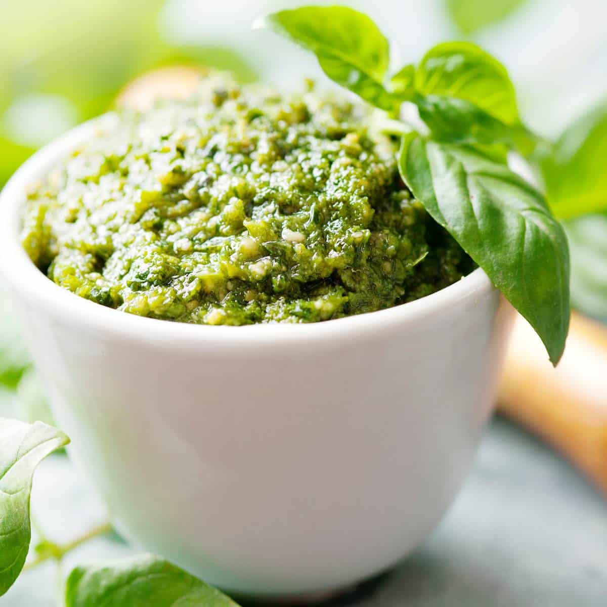 homemade pesto sauce in a white bowl with a sprig of basil
