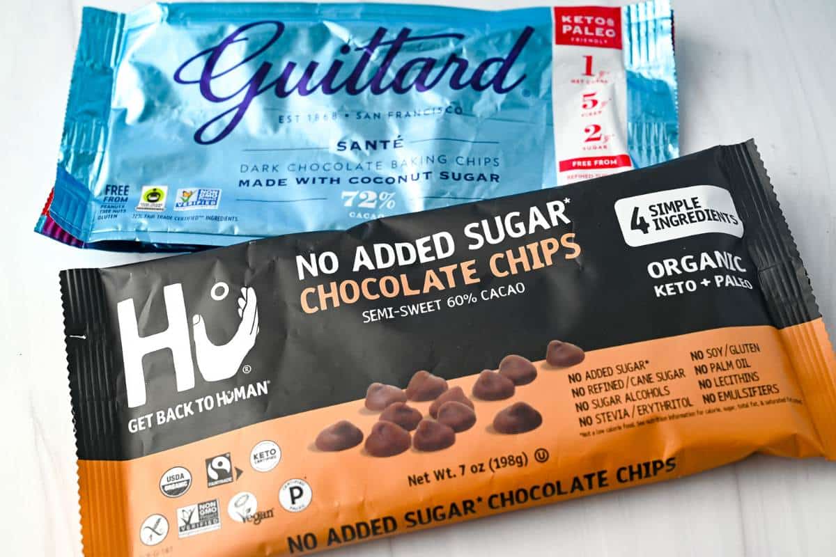 a bag of Guittard and HU chocolate chips