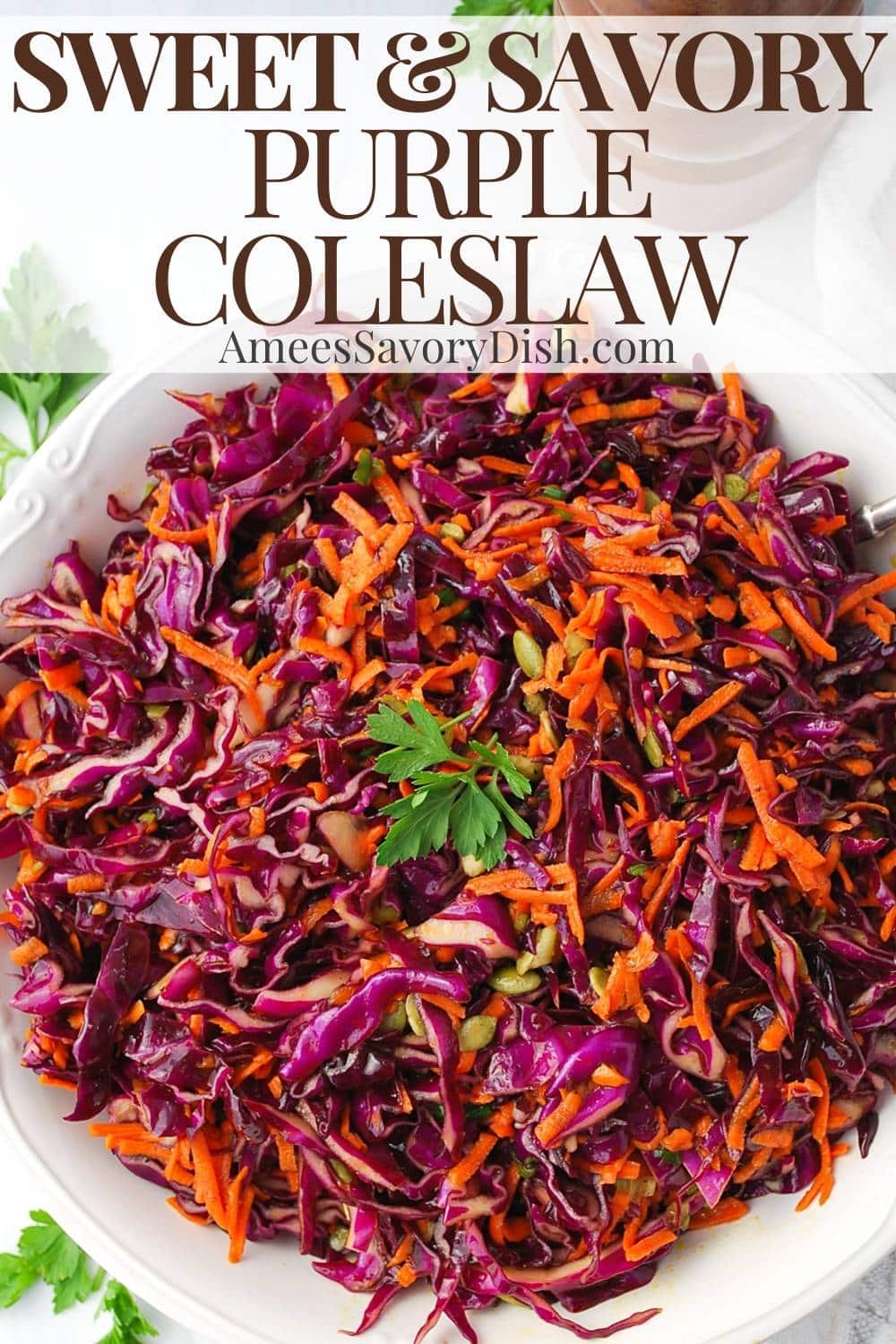 This purple coleslaw is a cinch to make with a medley of cabbage, carrots, green onions, and pumpkin seeds tossed in a citrusy vinaigrette. via @Ameessavorydish