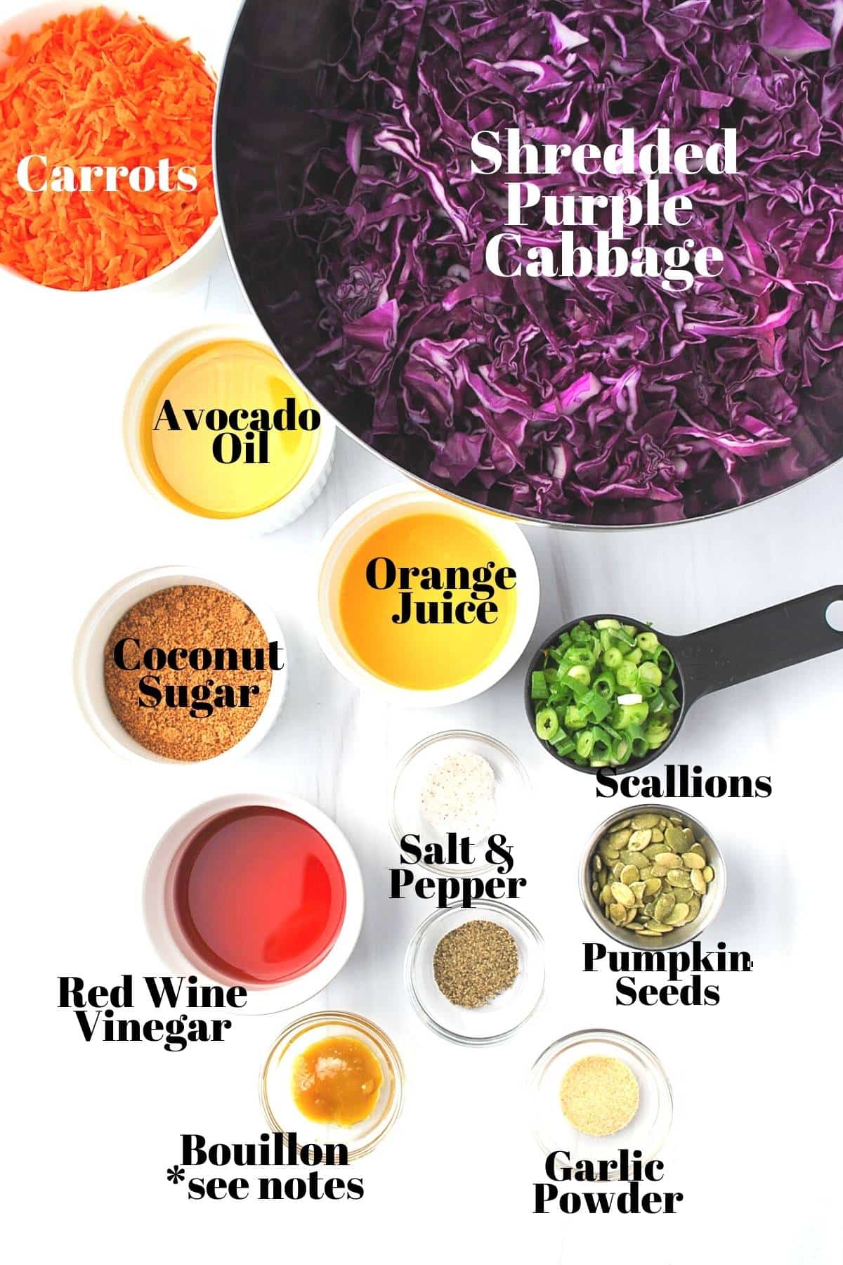 ingredients for purple coleslaw measured out on a counter