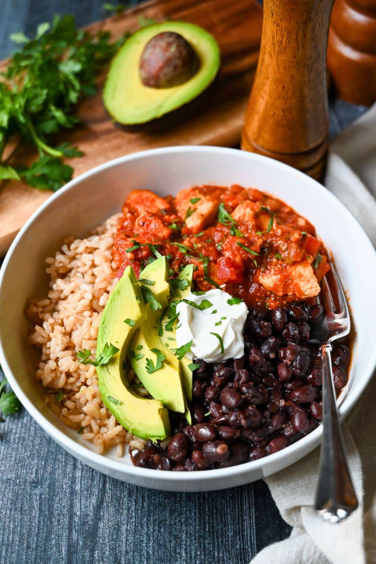 a loaded burrito bowl made with salsa chicken
