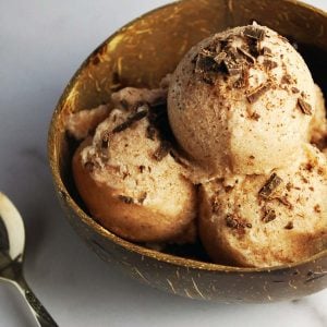 Chocolate Vitamix Ice Cream in a coconut shell