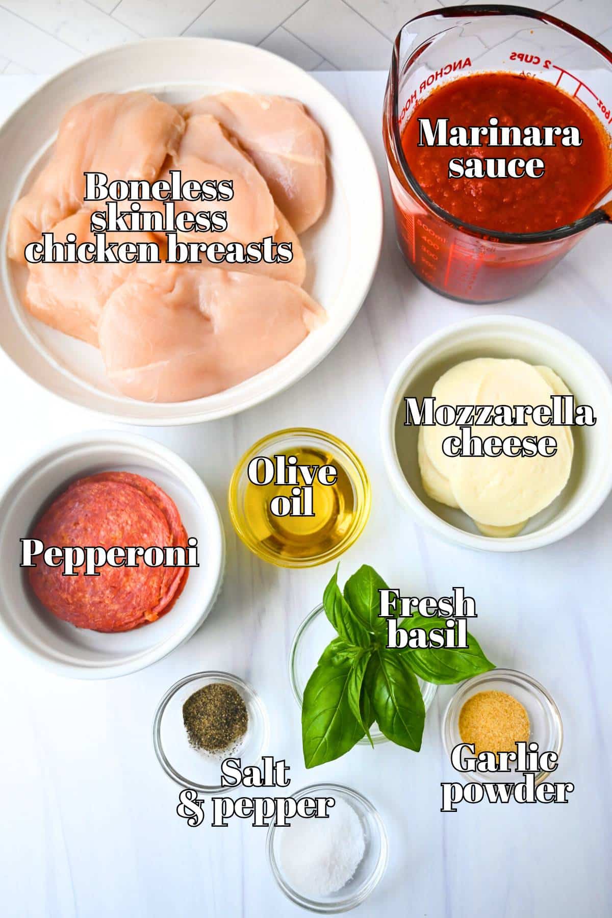 ingredients for pizza chicken bake measured out on a counter
