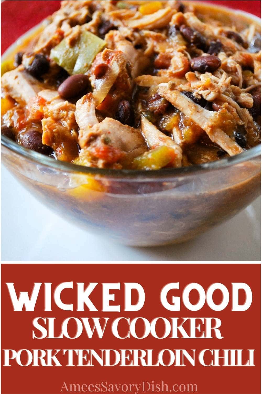 An easy slow cooker recipe for pork tenderloin chili made with black beans, salsa, fresh pork tenderloin, peppers, onions, and spices. This recipe packs 32 grams of protein per serving. via @Ameessavorydish