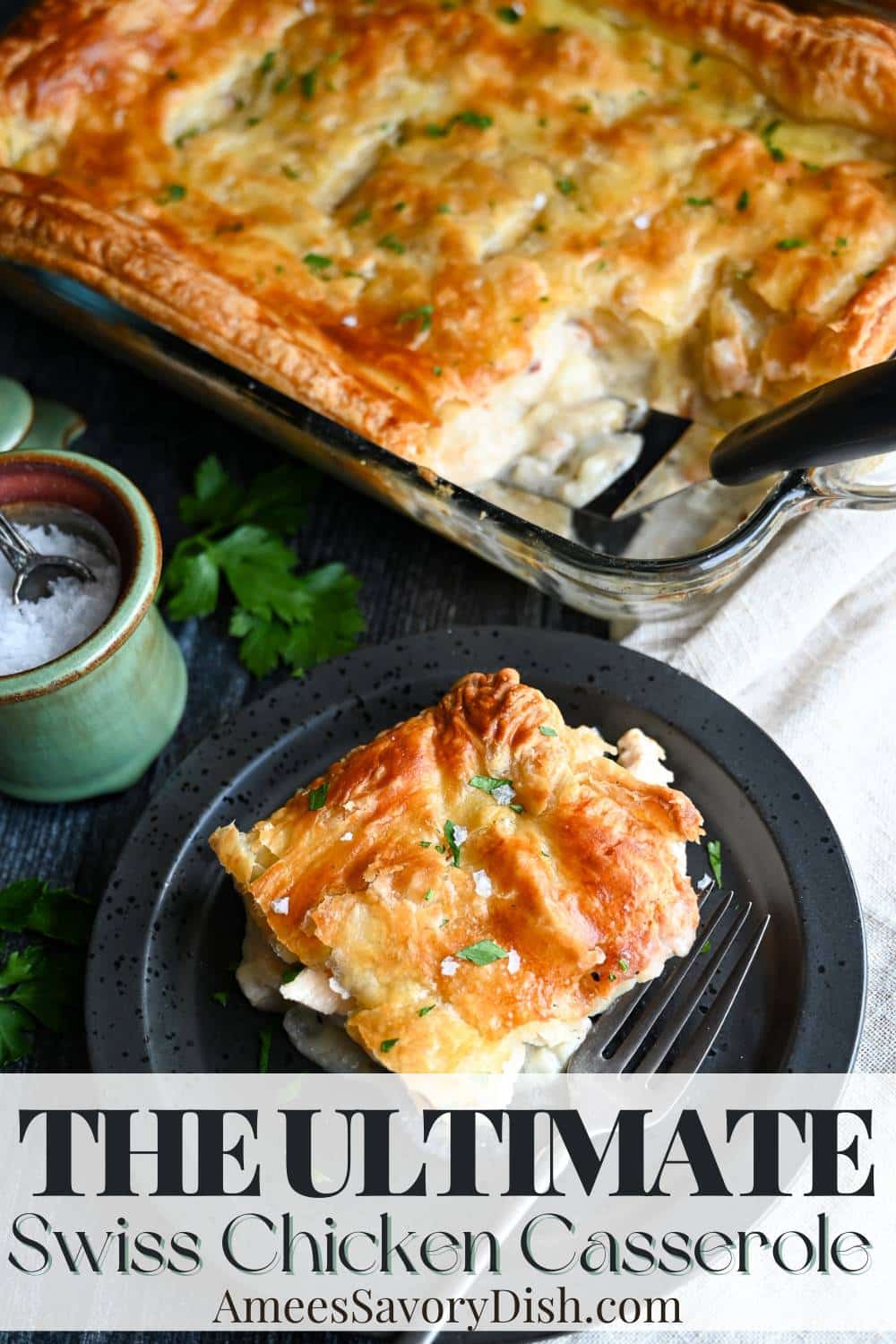 This Swiss Chicken Casserole features layers of creamy chicken, slivered almonds, and melty cheese, all topped with a flaky puff pastry crust and baked to golden-brown and bubbly perfection. via @Ameessavorydish