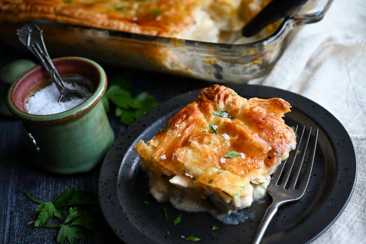 close up of a serving of chicken puff pastry casserole