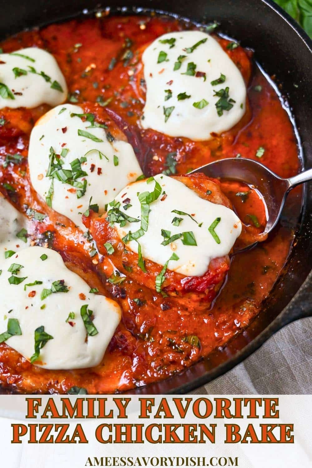 This easy and delicious Pizza Chicken Bake recipe features tender chicken breasts topped with savory marinara, deli-style pepperoni, and creamy buffalo mozzarella. via @Ameessavorydish