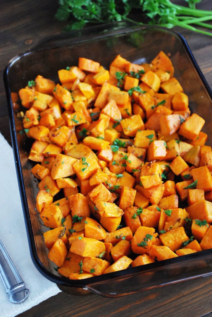 Rosemary Roasted Sweet Potatoes in a glass baking dish