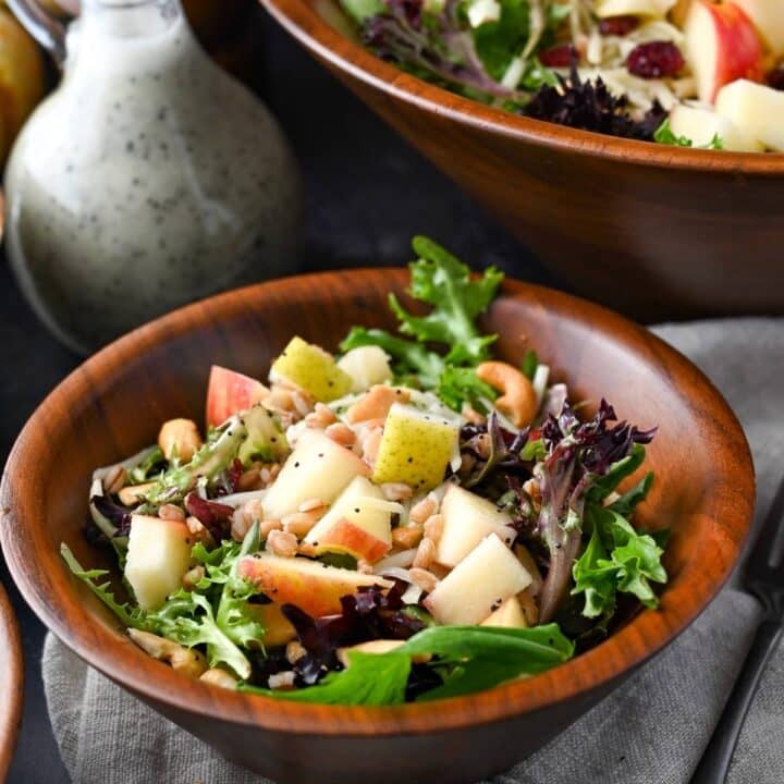 a side view of a hearty salad with farro, greens, and fruits with a container of poppy seed dressing behind it