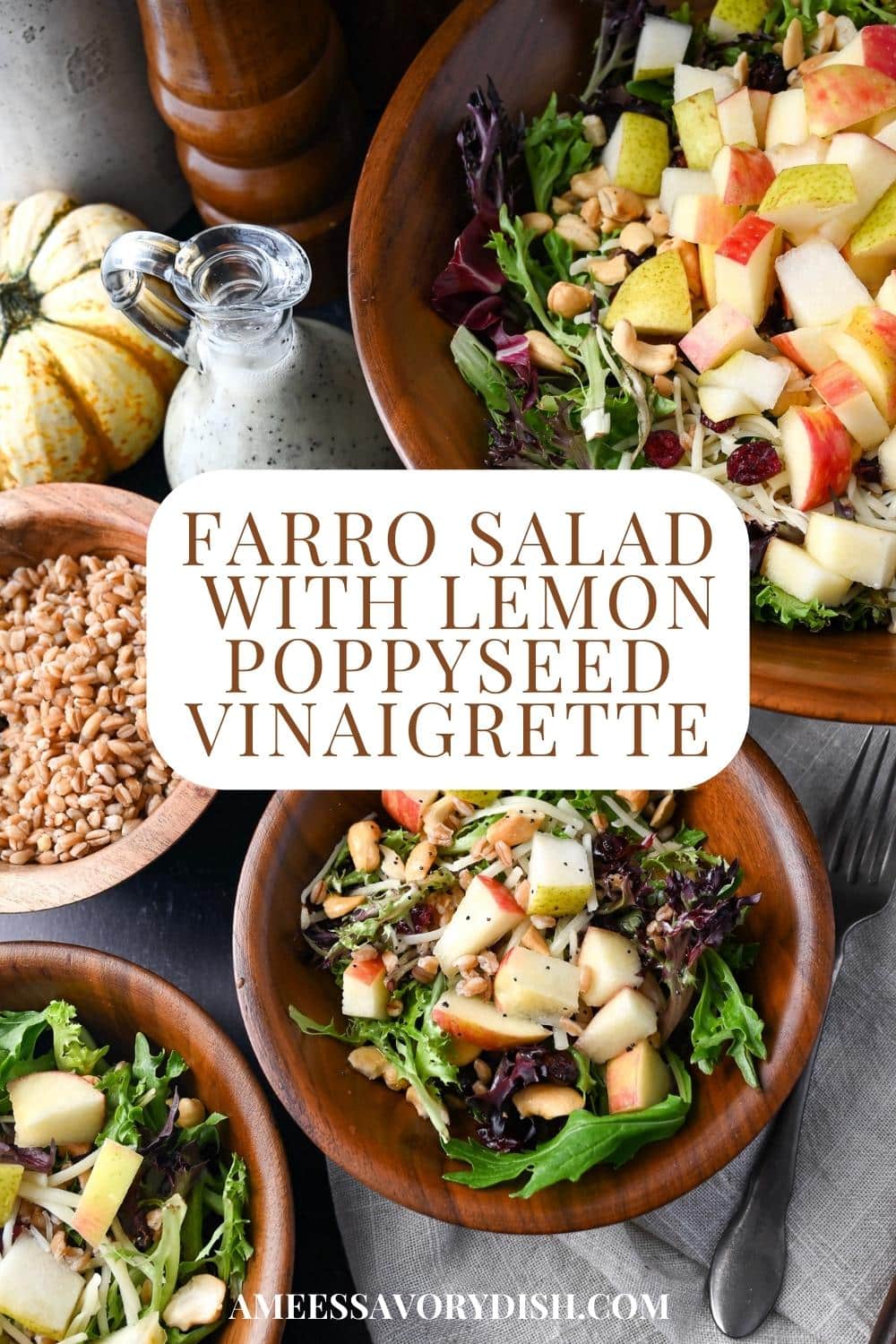 This Farro Salad with Lemon Vinaigrette features crisp greens, fresh and dried seasonal fruits, rich shredded cheese, and chopped nuts with a citrusy poppy seed dressing. via @Ameessavorydish