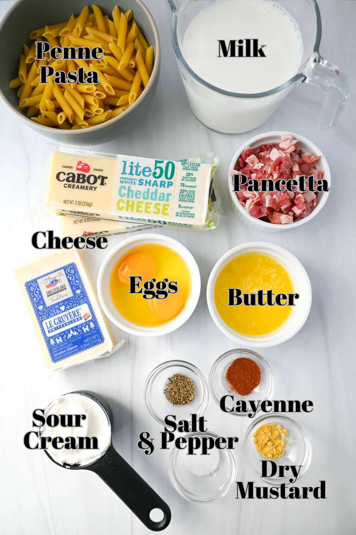 ingredients for bacon mac and cheese measured out on a counter