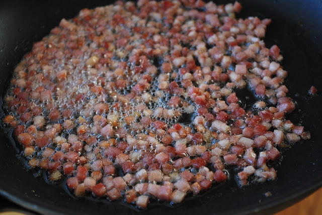 chopped pancetta cooking in a skillet