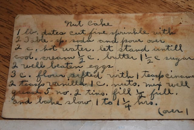 hand-written recipe of nut cake on an index card