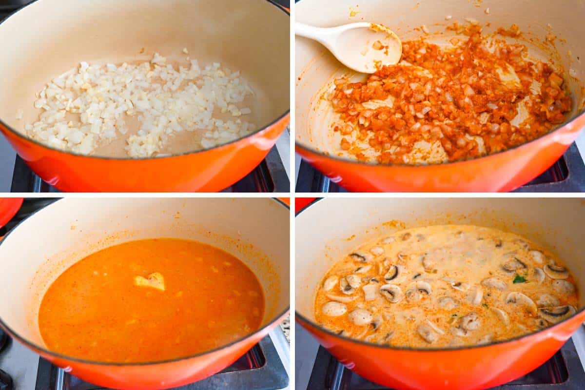 collage photo of making tom kha shrimp: sauteed onions, adding curry paste and lemongrass, adding stock, finishing with mushrooms and seasonings