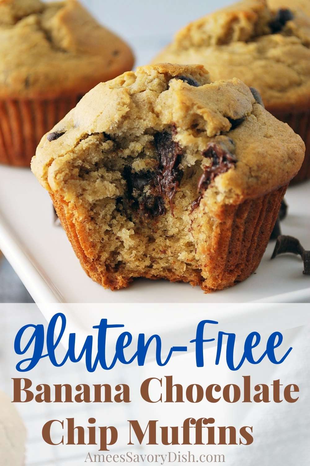 A delicious recipe for gluten-free banana chocolate chip muffins made with ripe bananas and wholesome ingredients that you can find anywhere. via @Ameessavorydish