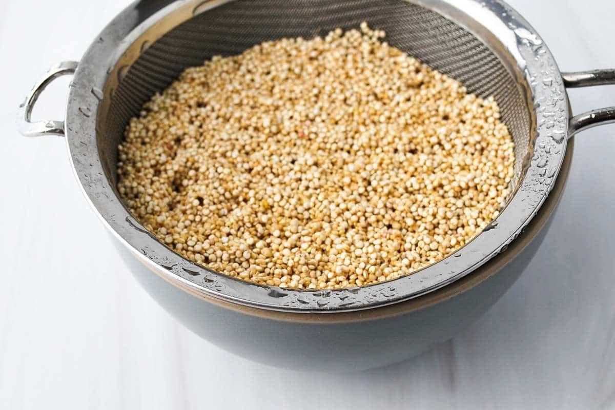 quinoa rinsed in a strainer