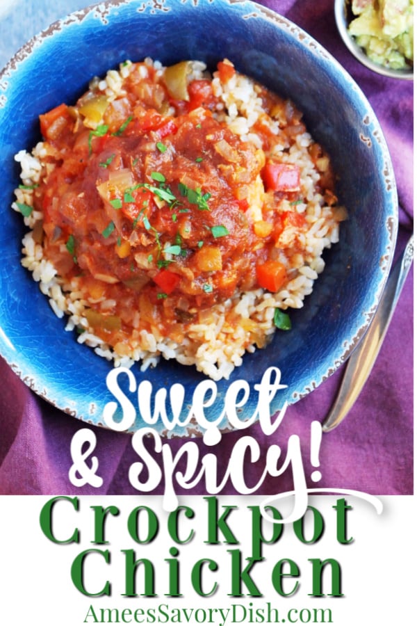 A sweet and spicy Crockpot chicken recipe made with chunky salsa, all-fruit preserves, peppers, herbs, and spices for a simple and delicious weeknight meal. #slowcookerchicken #crockpotchicken #easychickenrecipe #chickenrecipe #mexicanchicken via @Ameessavorydish