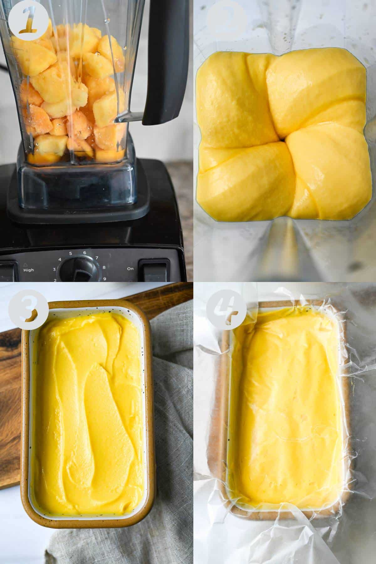 steps to making sorbet in a vitamix- ingredients in a blender, blended, and spread in a loaf pan to freeze