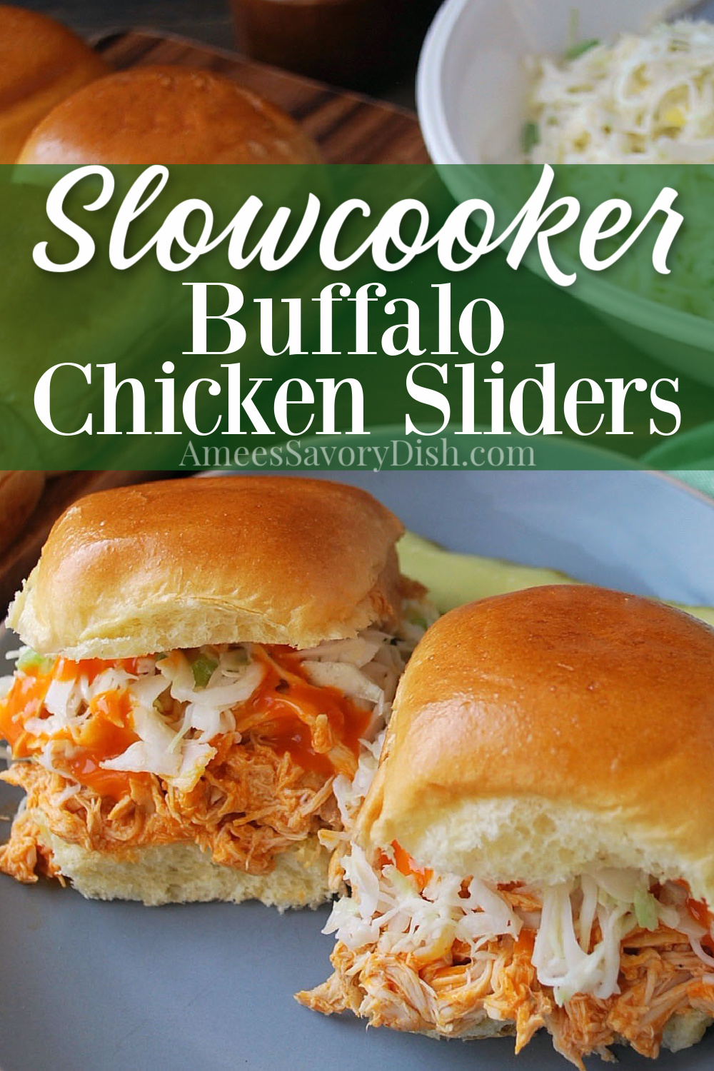 Five minutes of prep is all you need to make these delicious buffalo chicken sliders in the slow cooker using frozen (or fresh) boneless chicken breasts.  Using only a few simple ingredients, this delicious meal cooks away while you go about your day! #buffalochicken #buffalosliders #chicken #buffalochickensliders #partyrecipes via @Ameessavorydish