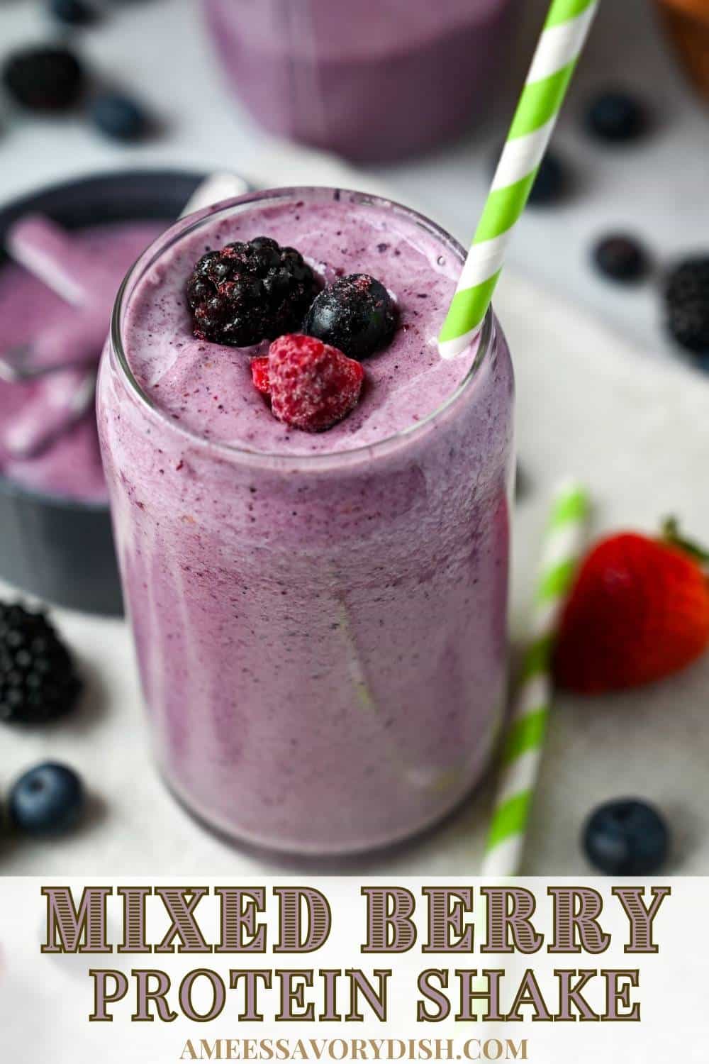 An easy berry protein shake made with frozen strawberries, blueberries, and raspberries blended with almond milk, vanilla whey protein powder, and flaxseeds. via @Ameessavorydish