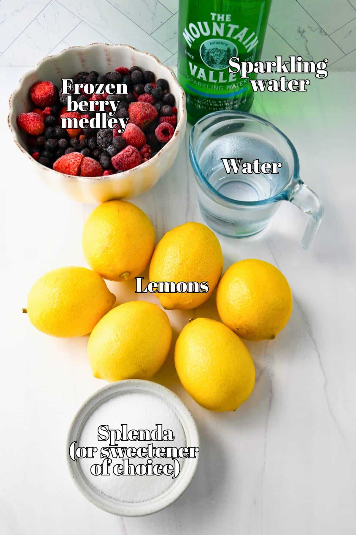 ingredients to make a frozen mixed berry lemonade mocktail without sugar