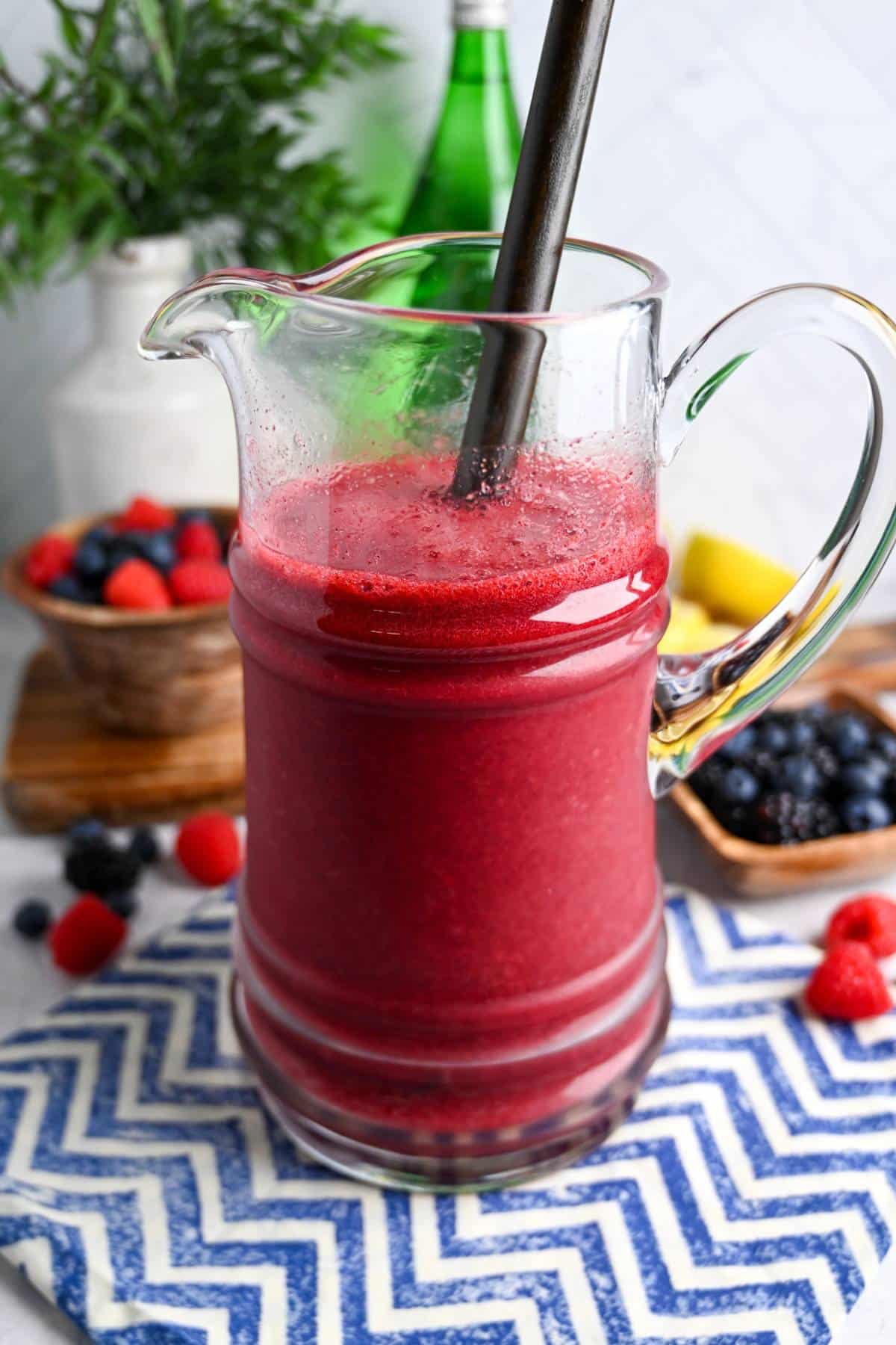 mixed berry sparkling lemonade in a pitcher