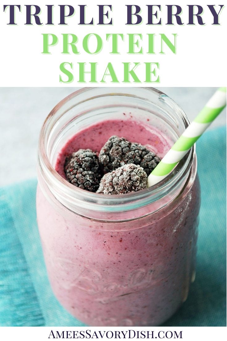 photo of the top of the smoothie glass with frozen blackberries and font description for Pinterest