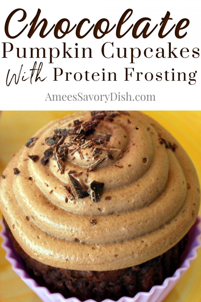 healthier chocolate cupcake made with pumpkin topped with a light protein frosting