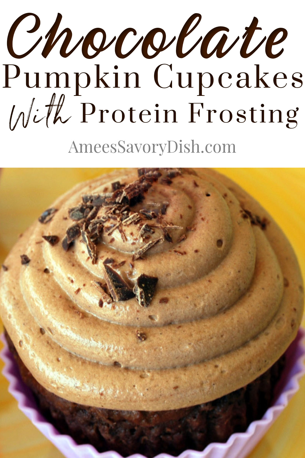 These pumpkin chocolate cupcakes with protein frosting are very quick to prepare and a delicious healthier dessert option. #pumpkinrecipes #healthiercupcakes #cupcakes #proteinfrosting via @Ameessavorydish