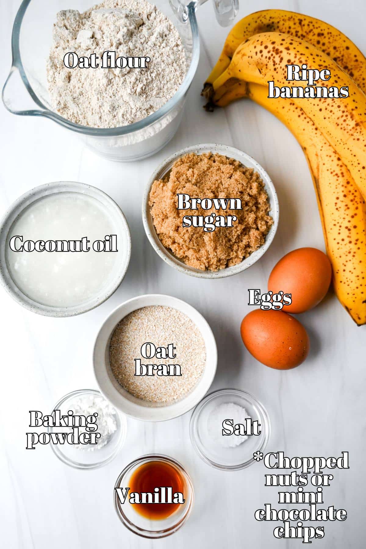 ingredients for oat flour banana bread measured out on a counter